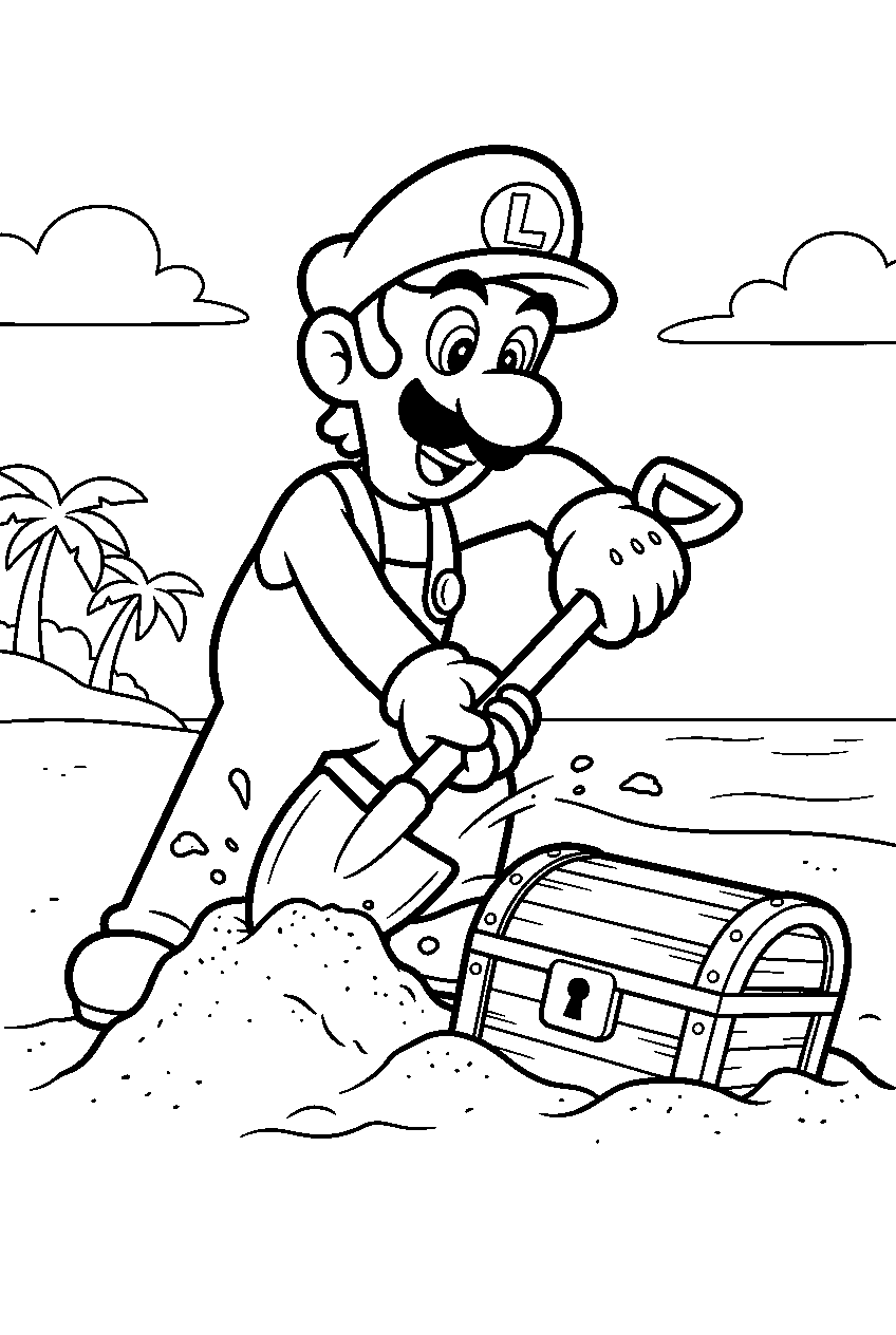 luigi digging up a treasure chest in a mario party beach minigame line art