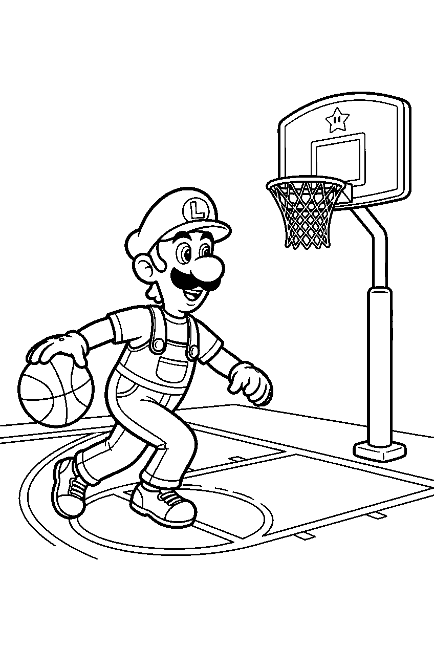luigi dribbling a basketball beside a hoop on a mario basketball court line art