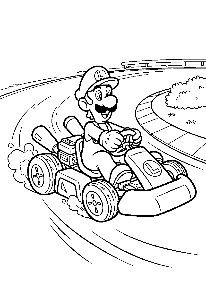luigi drifting a kart around a bend on luigi circuit in mario kart line art