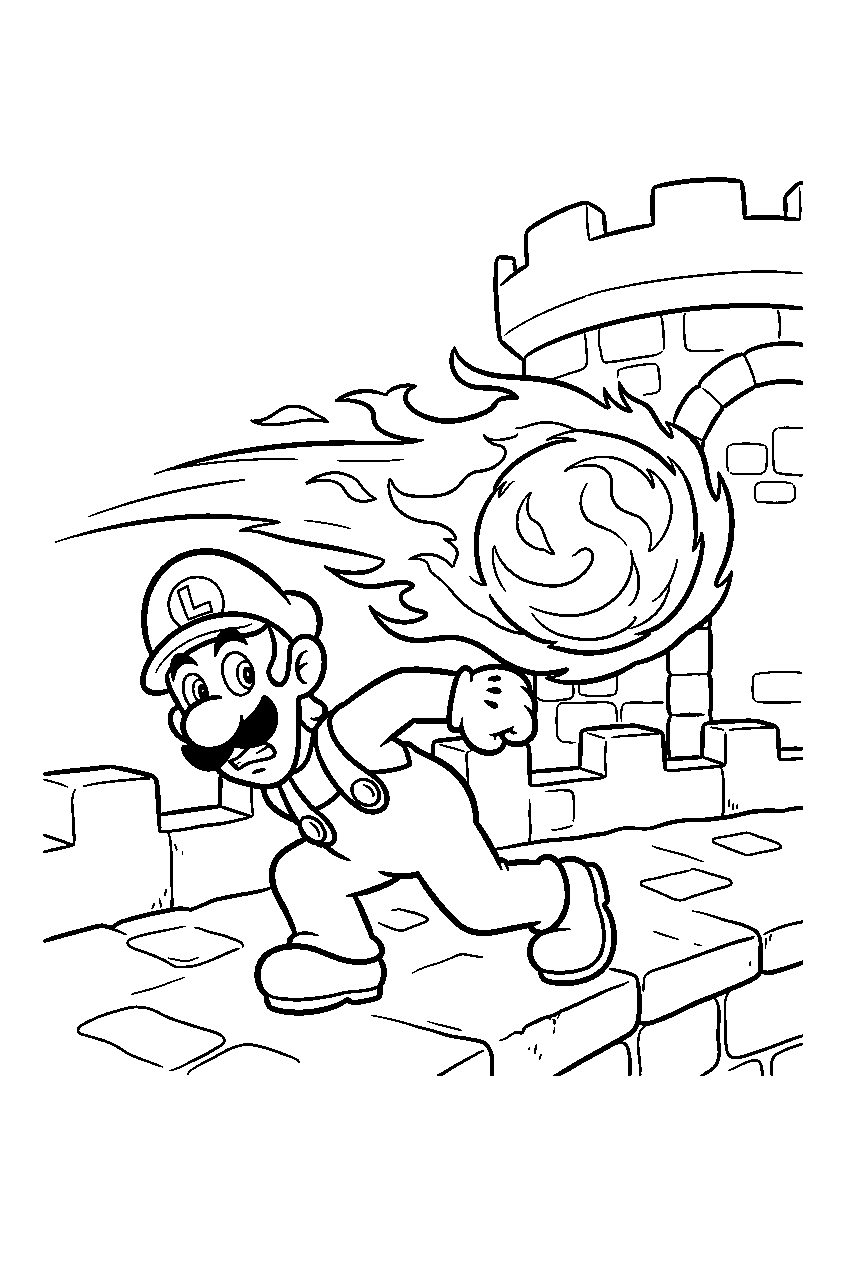 luigi ducking under bowser s fireball on a castle bridge line art