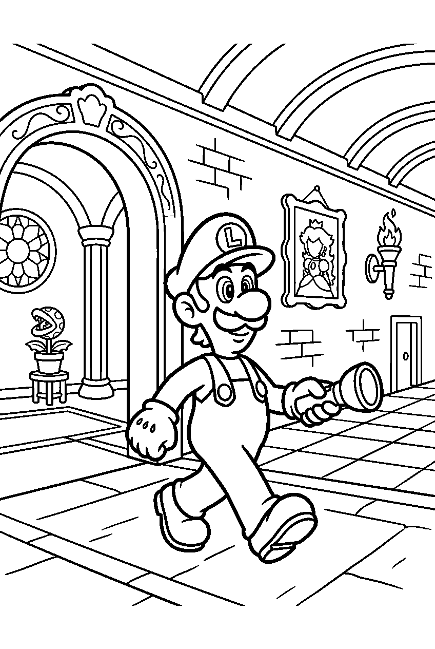 luigi exploring in peach s castle line art