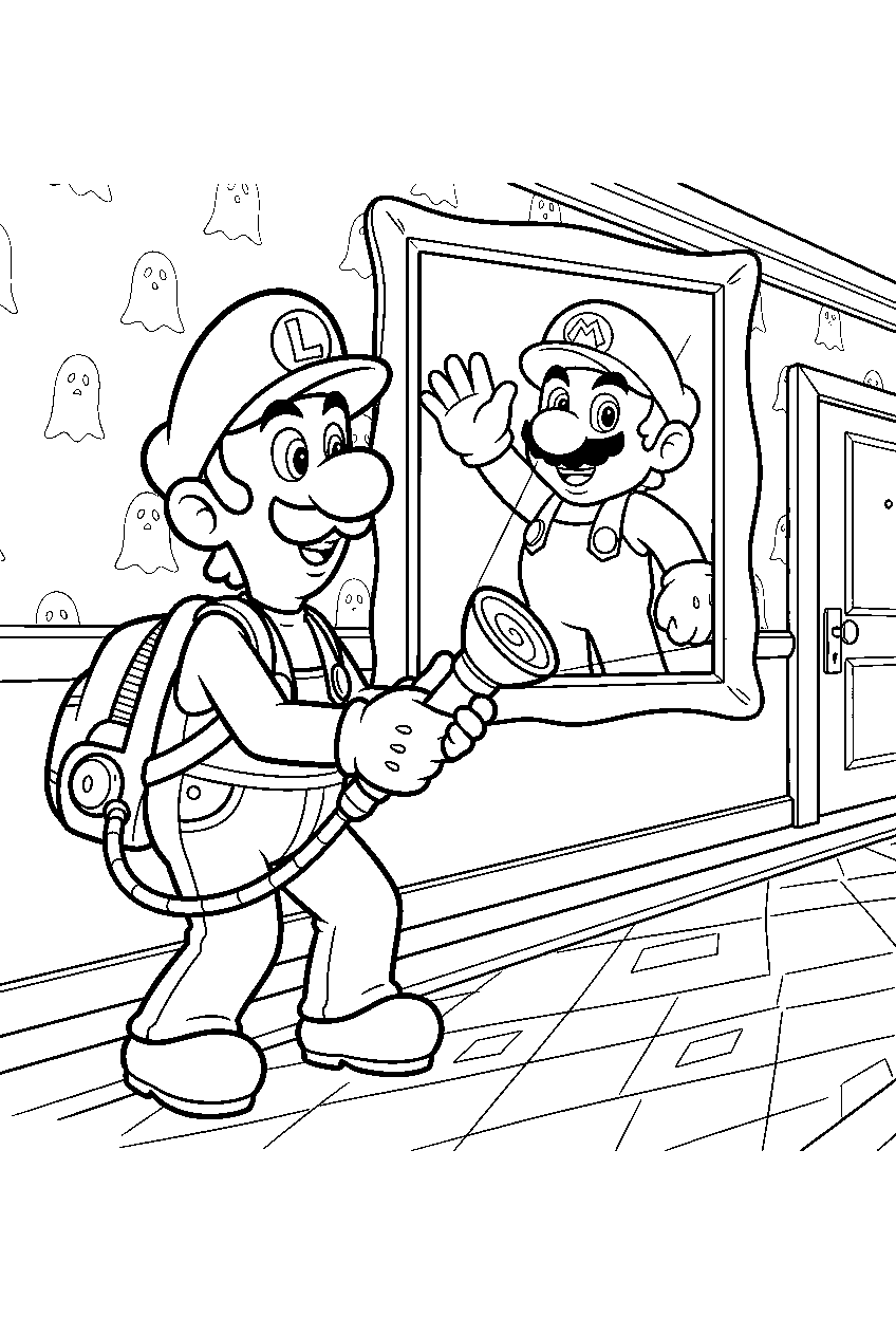 luigi ing mario from a painting with the dark light in a hotel corridor line art