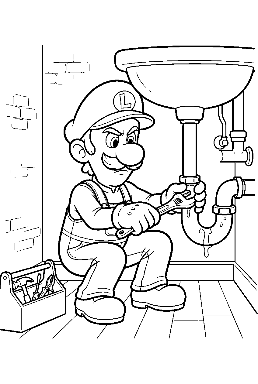 luigi from the super mario bros movie fixing a pipe under a brooklyn sink line art