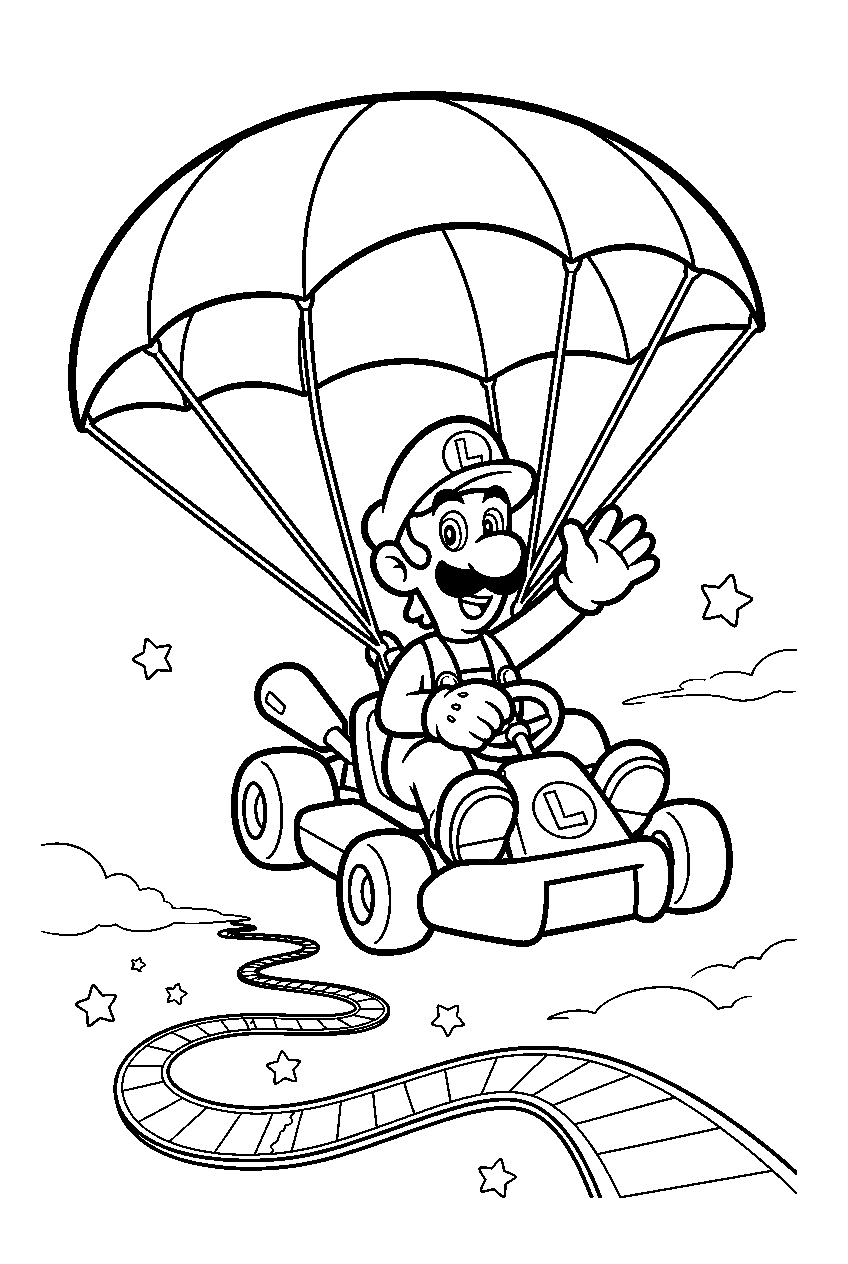 luigi gliding over rainbow road in a kart with an open parachute line art