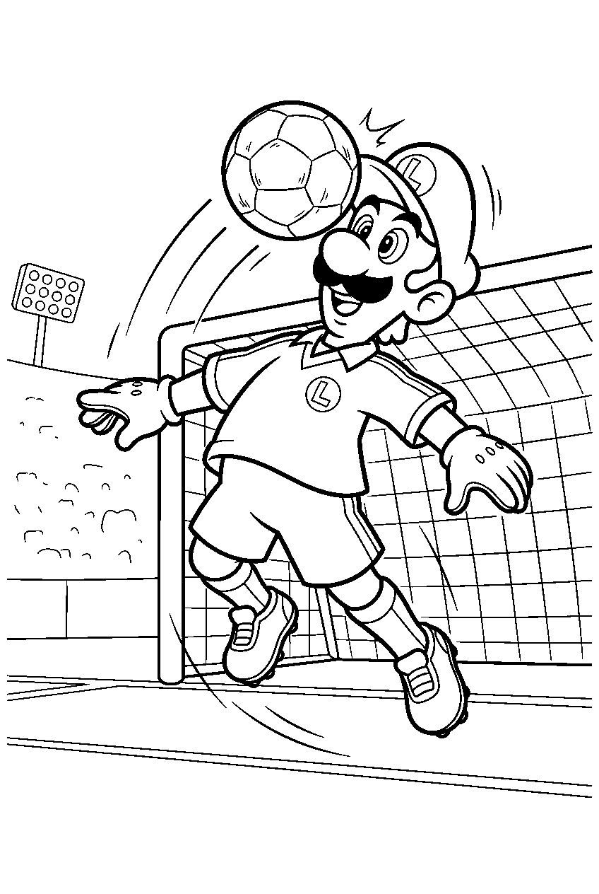 luigi heading a soccer ball toward the goal in a mario strikers stadium line art
