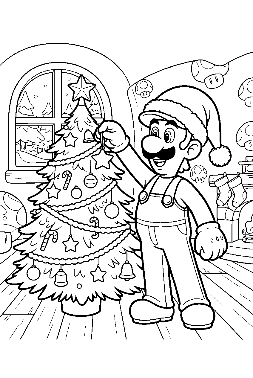 luigi in a santa hat hanging an ornament on a christmas tree in a mushroom house line art