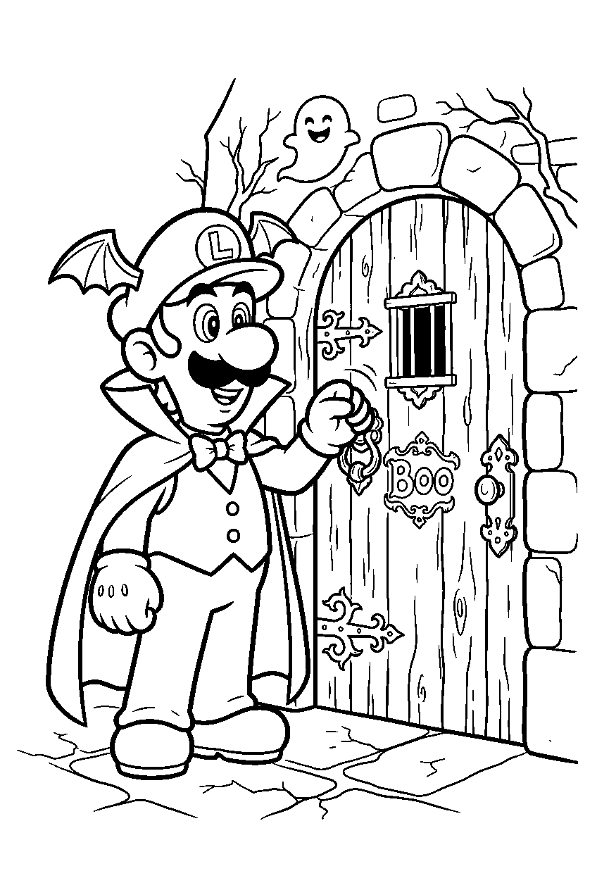 luigi in a vampire costume knocking on a ghost house door at halloween line art