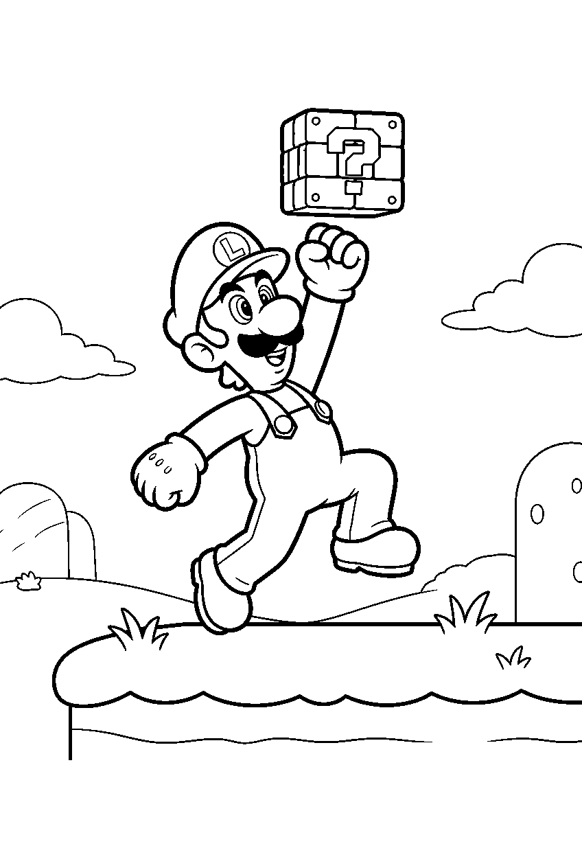 luigi jumping to hit a brick block above a grassy platform line art