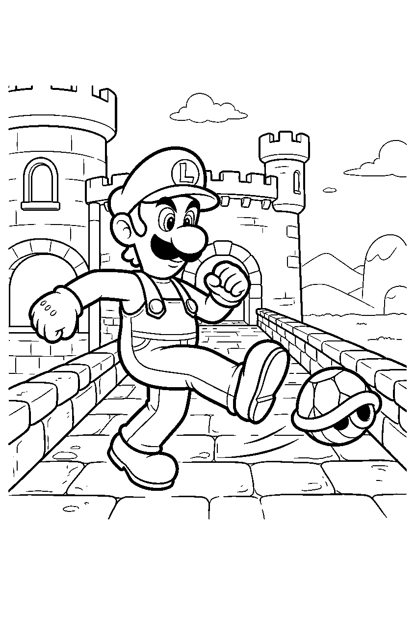 luigi kicking a koopa shell along a castle walkway line art