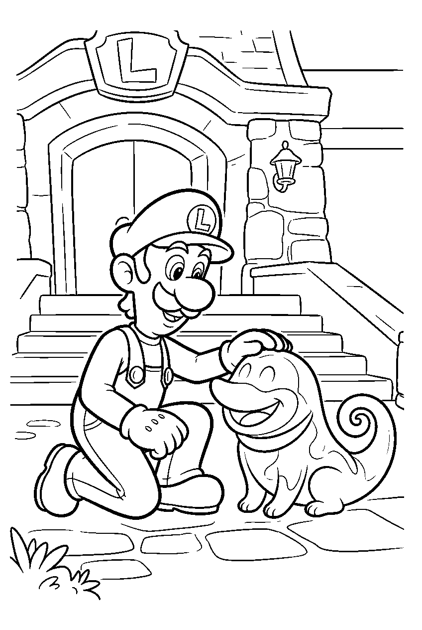 luigi kneeling to pet polterpup beside the last resort entrance line art