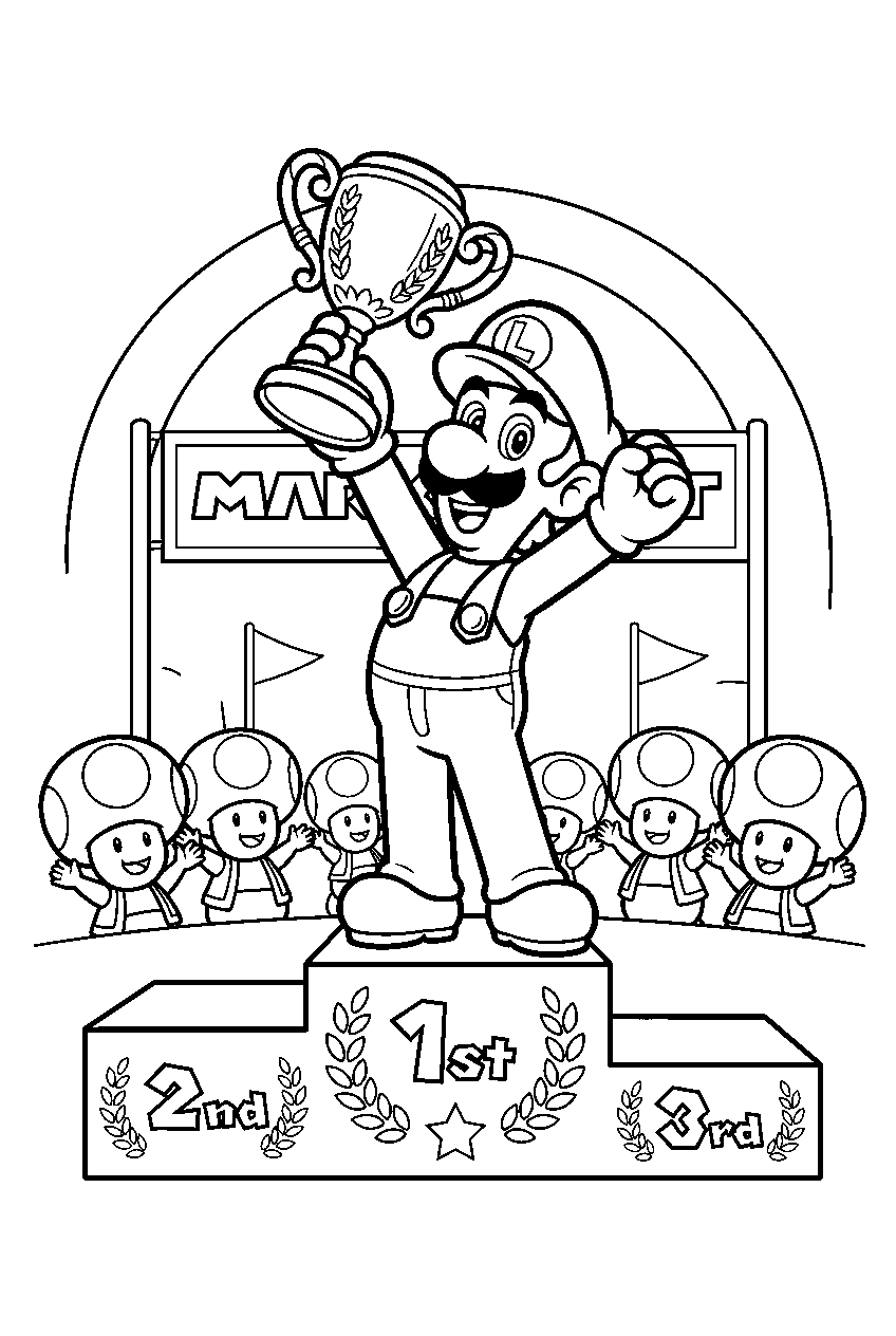 luigi lifting a trophy on a mario kart winners podium line art