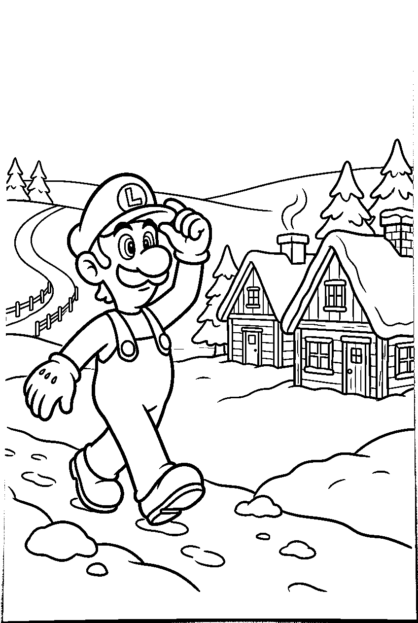 luigi looking around in snowy village line art