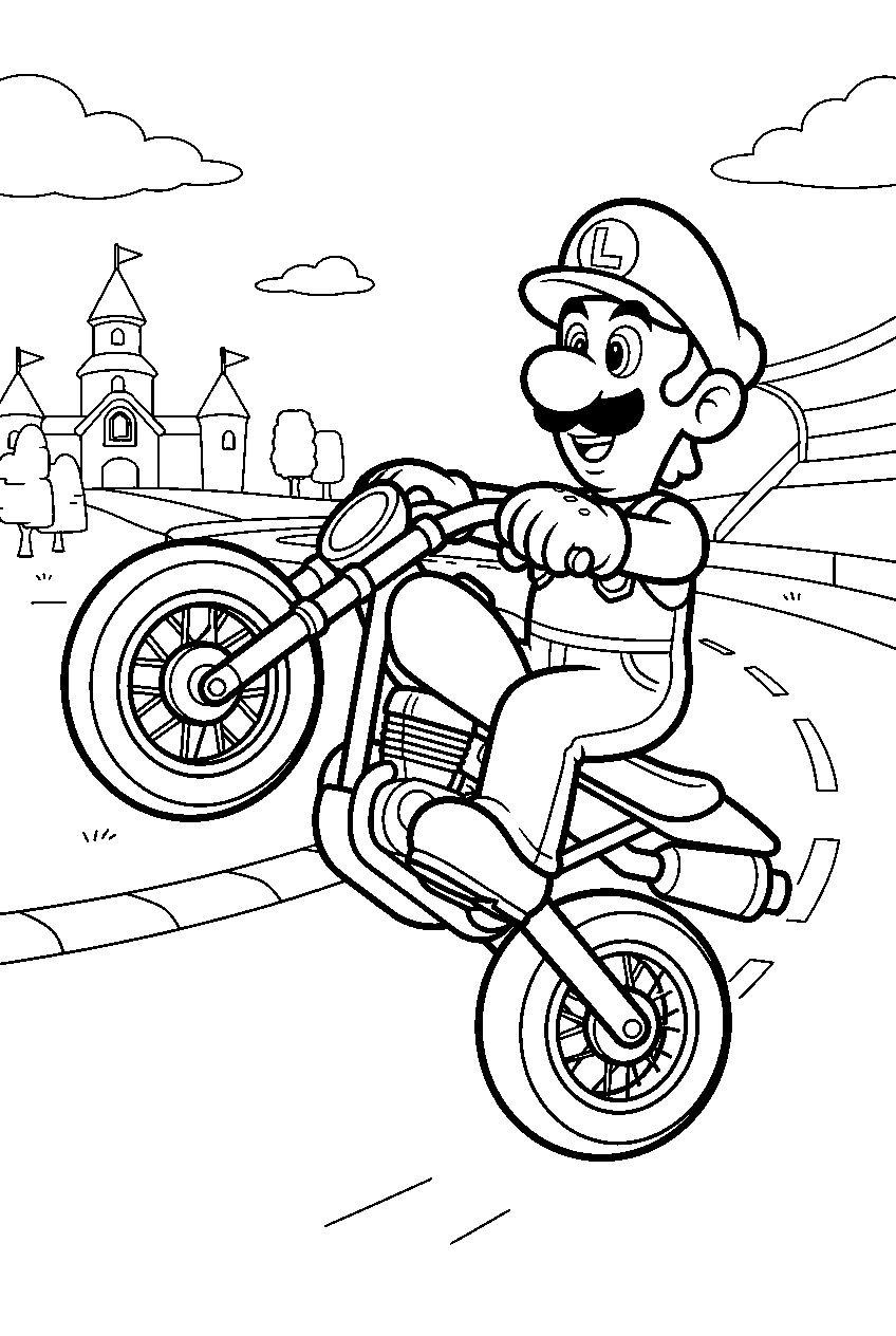 luigi performing a wheelie on a motorbike along a mario kart speedway line art