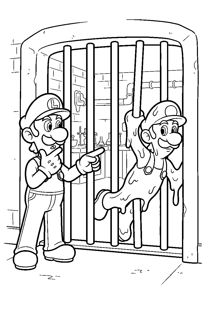 luigi pointing as gooigi slips through iron bars in the hotel garage lab line art