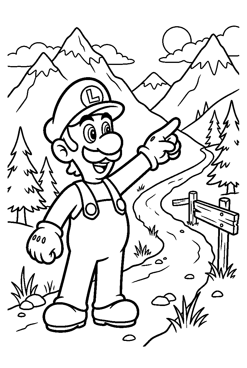 luigi pointing in mountain trail line art