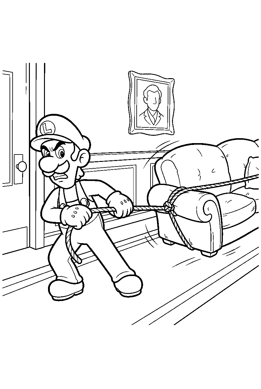 luigi pulling a plunger rope to move a sofa in a last resort hallway line art
