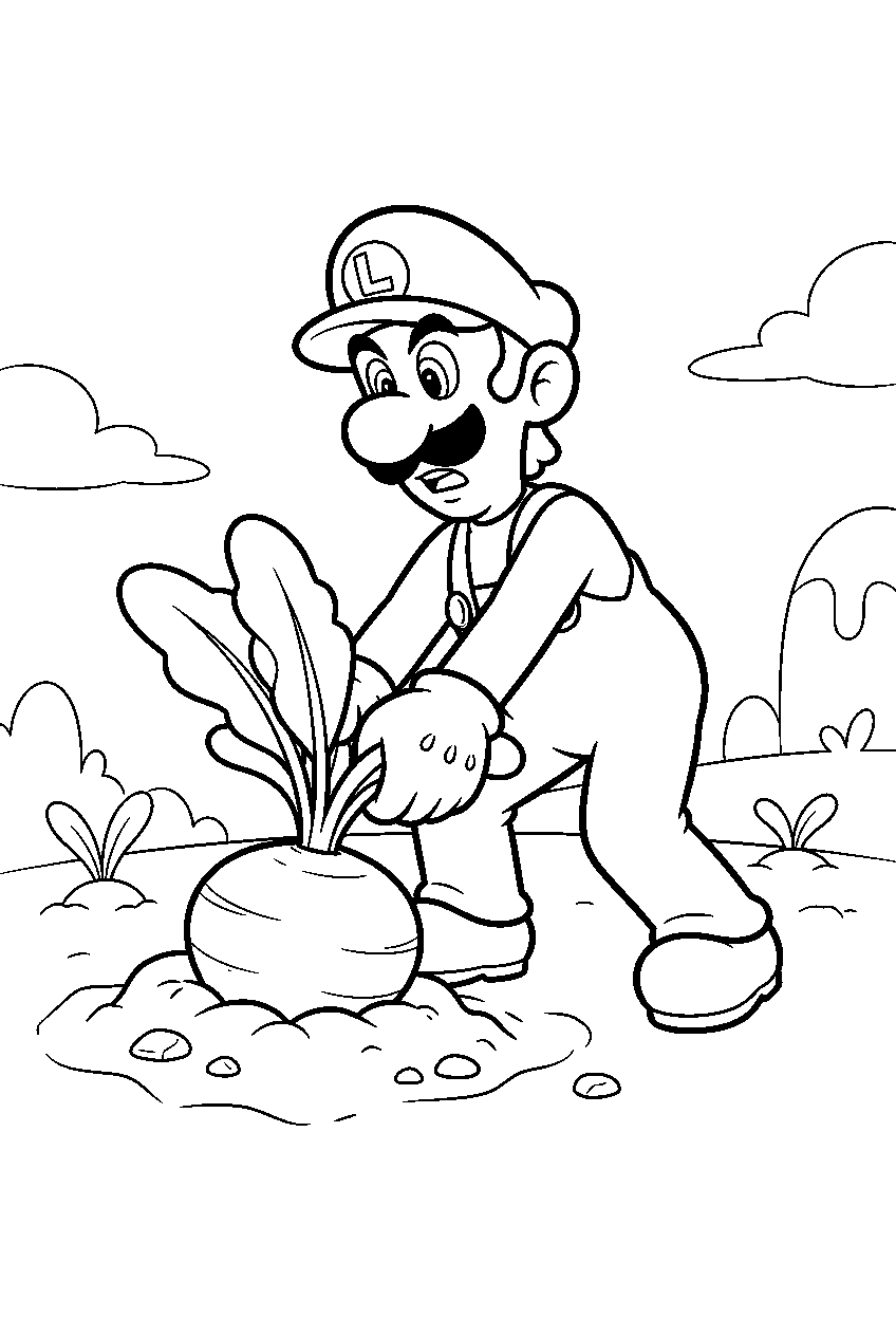 luigi pulling a turnip from a vegetable patch in subcon line art