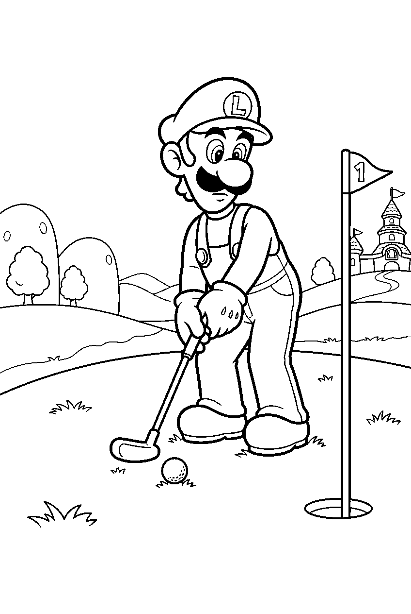 luigi putting a golf ball beside the hole on a mario golf green line art