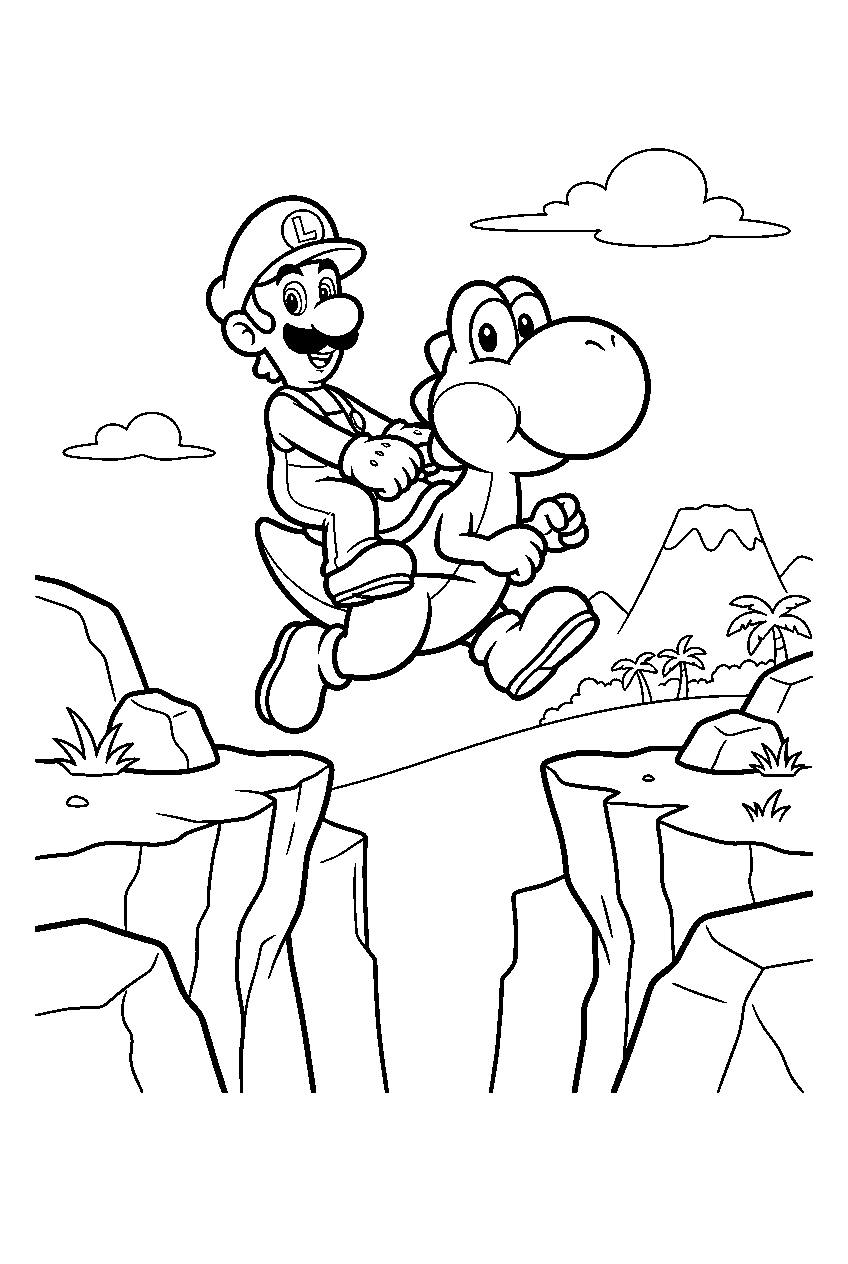 luigi riding yoshi over a gap in dinosaur land line art