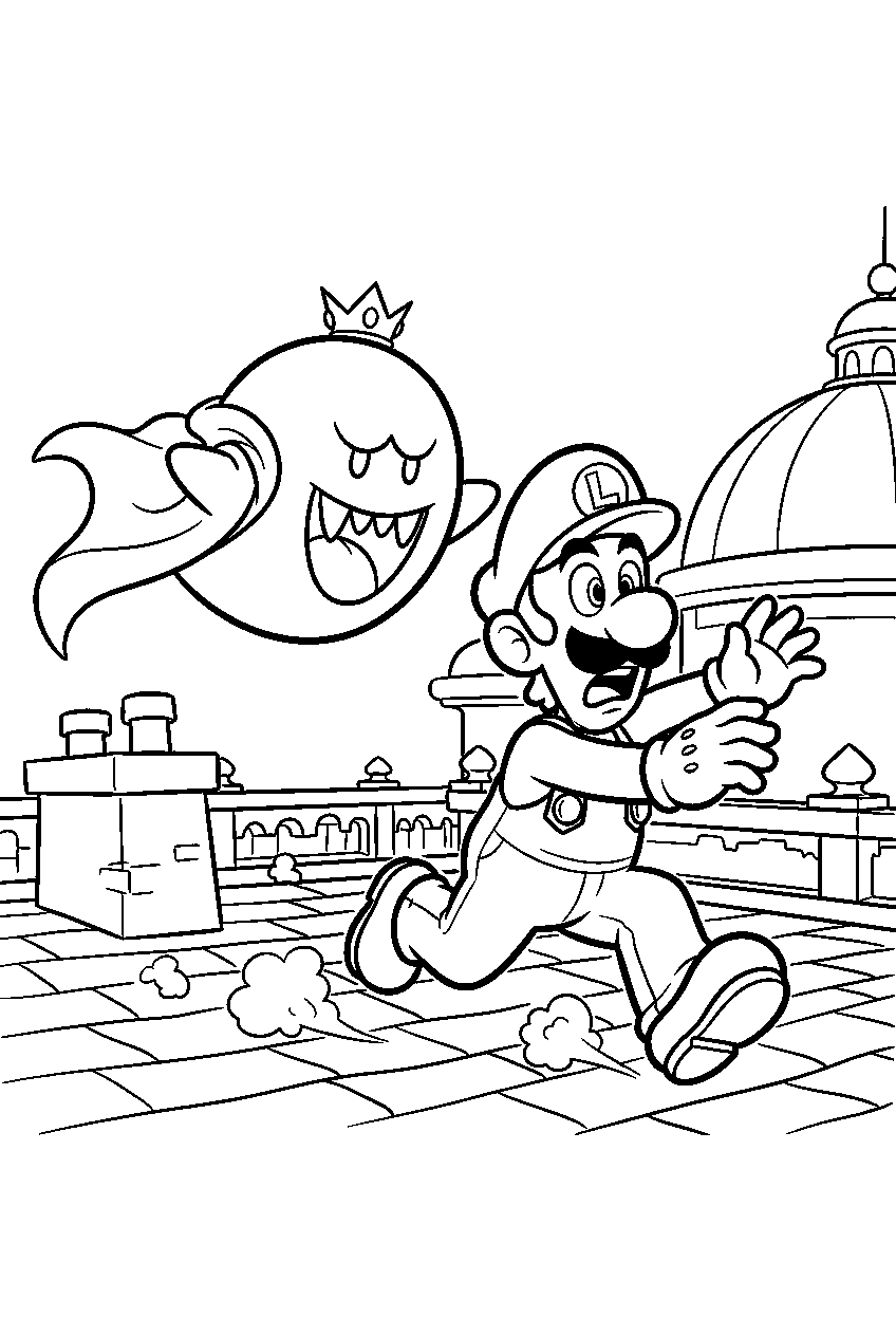 luigi running from king boo across the last resort rooftop line art