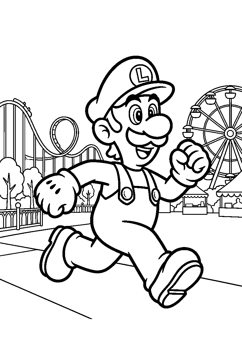 luigi running in amusement park line art