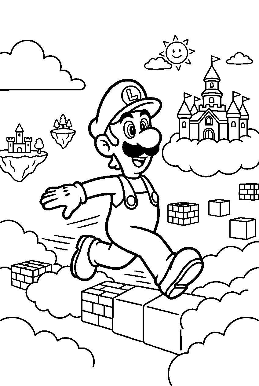 luigi running in sky kingdom line art