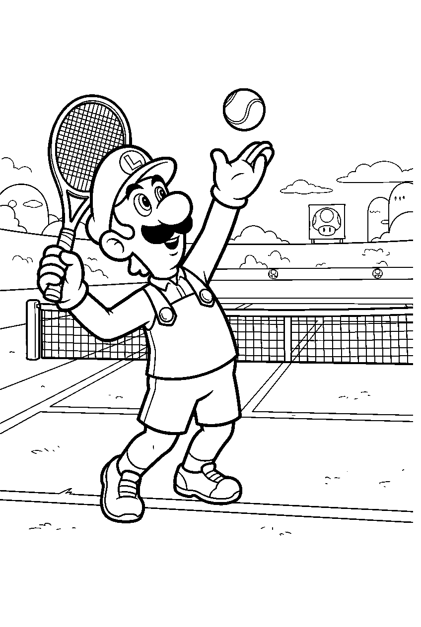 luigi serving a tennis ball on a mario tennis court line art