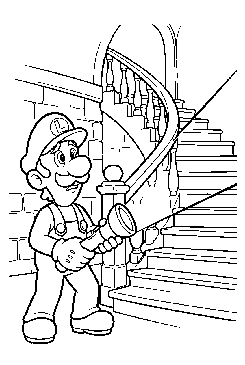 luigi shining a flashlight up the staircase in luigi s mansion line art