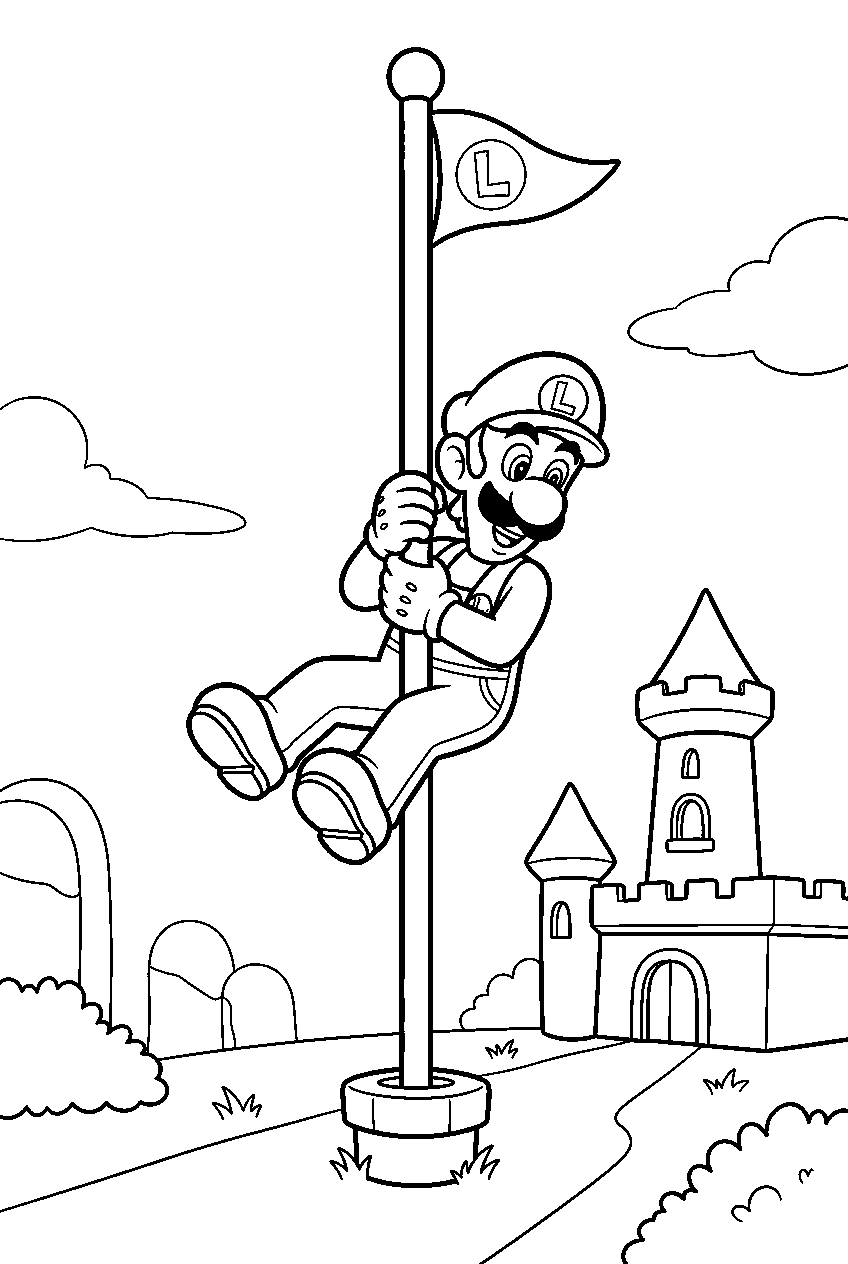 luigi sliding down a goal flagpole beside a small castle line art