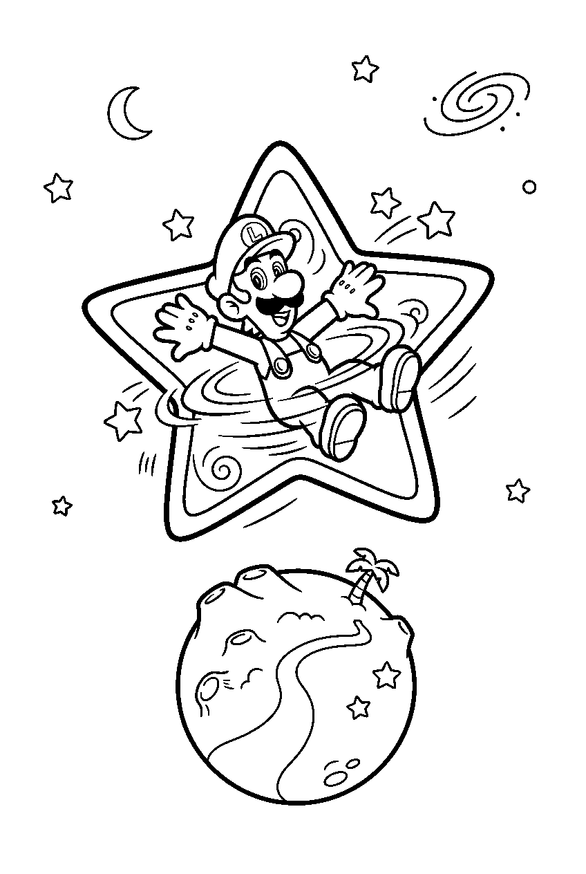 luigi spinning inside a launch star above a small planet in super mario galaxy line art