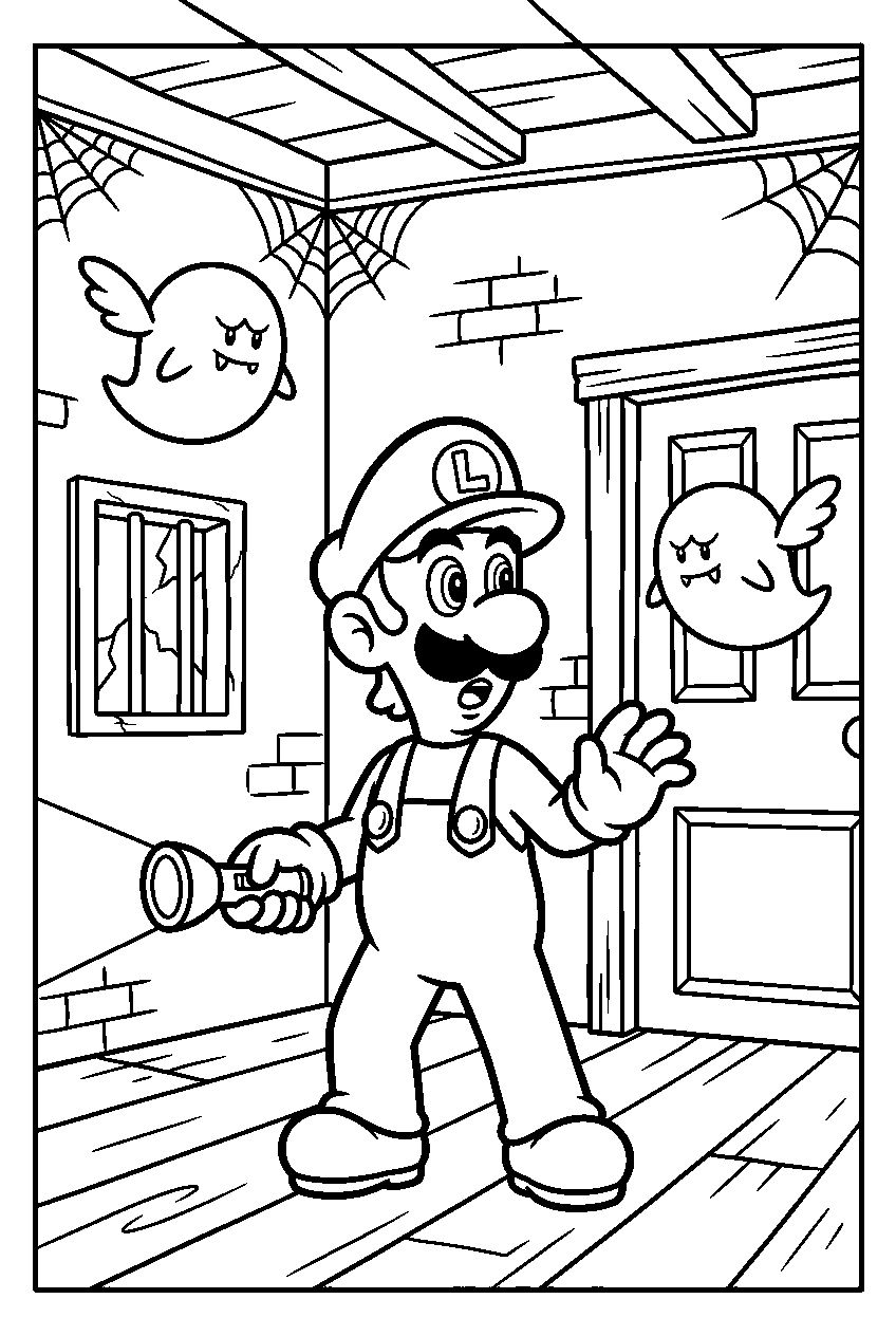 luigi standing in boo house line art