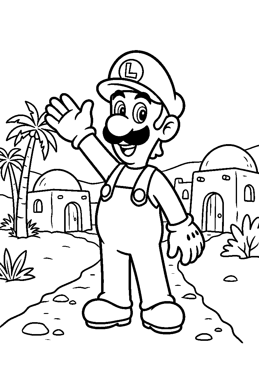 luigi standing in oasis village line art