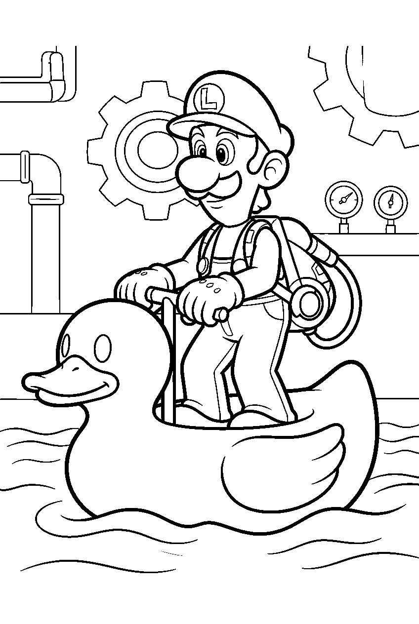 luigi steering a duck shaped float with the poltergust in the last resort boilerworks line art