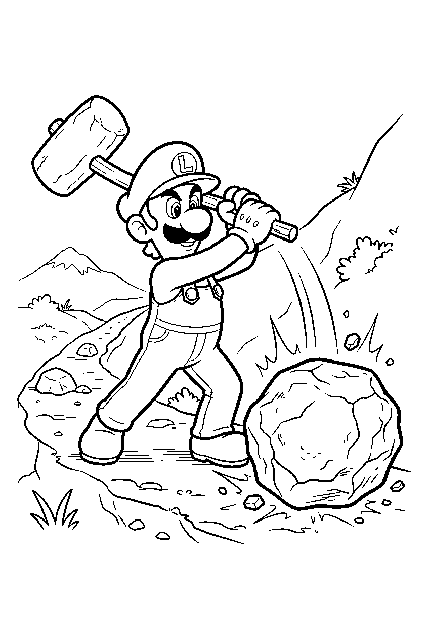 luigi swinging a hammer at a boulder on a mountain trail line art