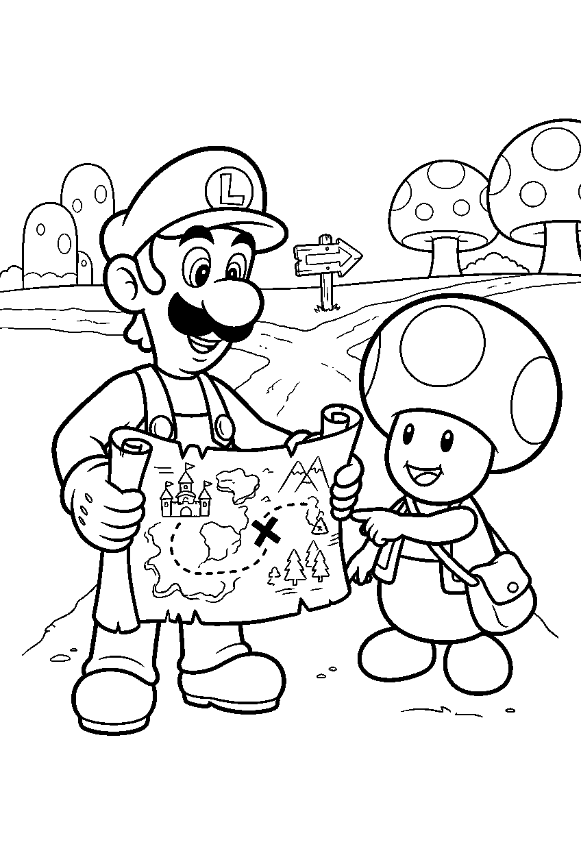 luigi unrolling a map with toad at a mushroom kingdom crossroads line art
