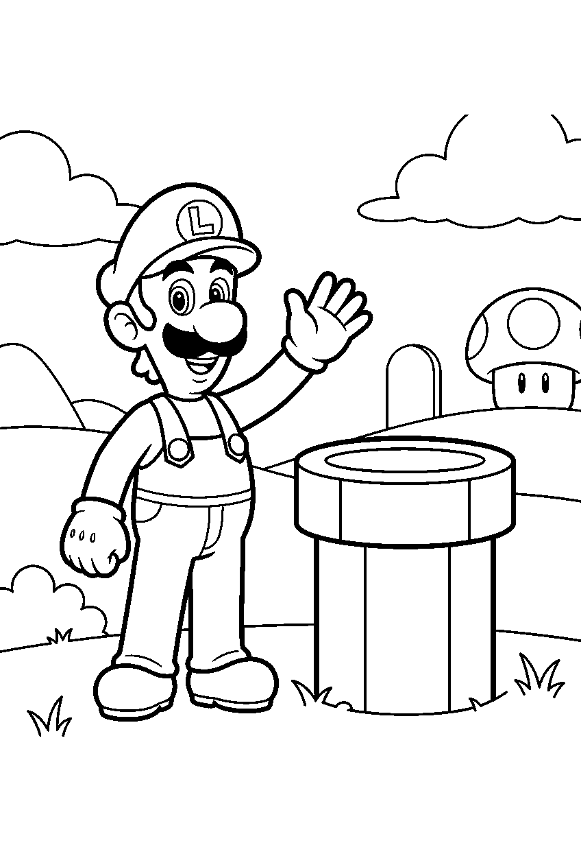 luigi waving beside a warp pipe in the mushroom kingdom line art