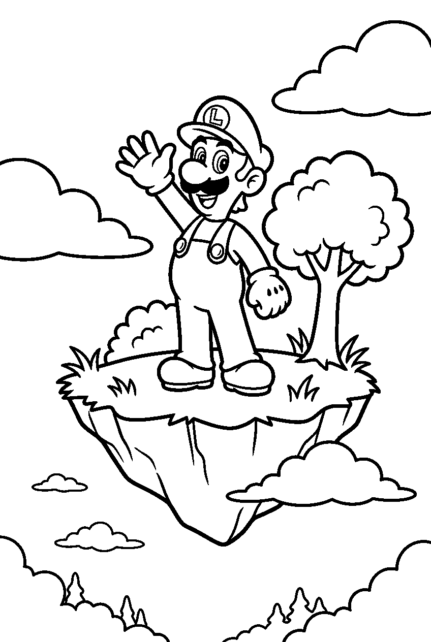 luigi waving in floating island line art