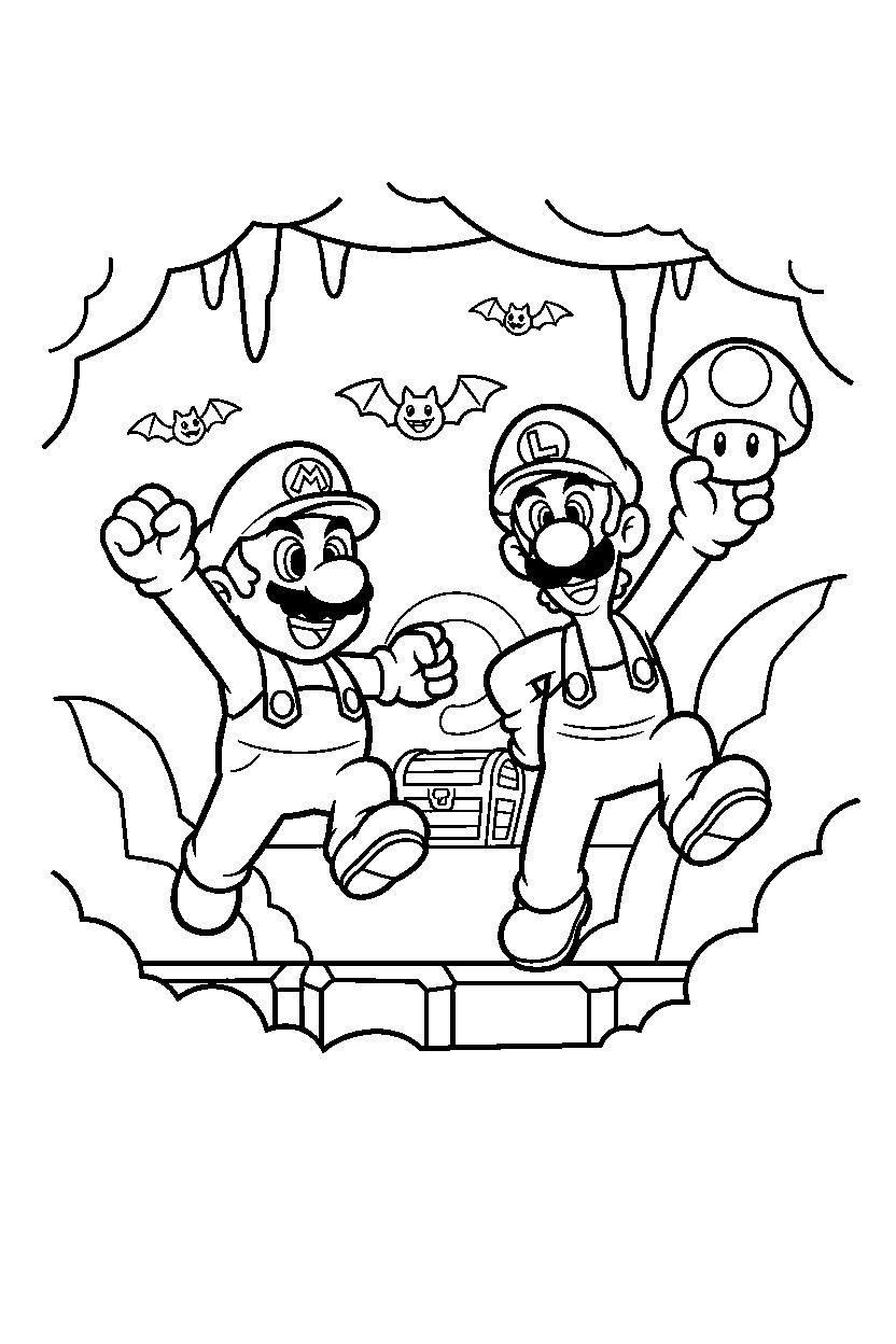 mario luigi celebrating adventure in a cave level line art