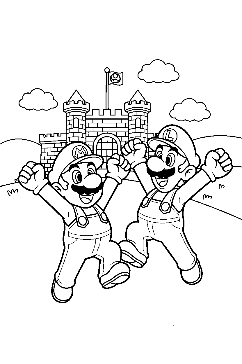 mario luigi celebrating happily near a fortress line art