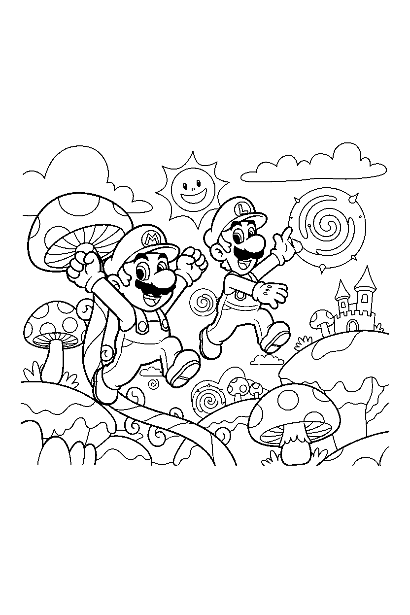 mario luigi climbing happily in a magical world line art