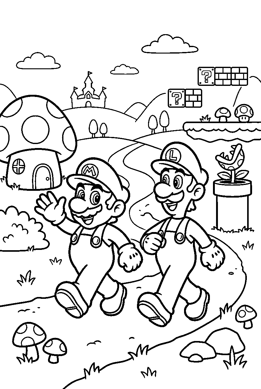 mario luigi exploring in mushroom kingdom line art