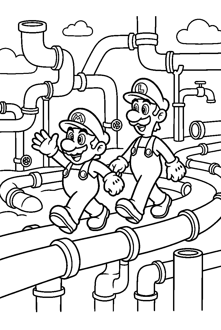 mario luigi exploring in pipe land line art