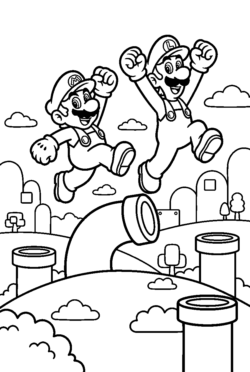 mario luigi jumping in pipe land line art
