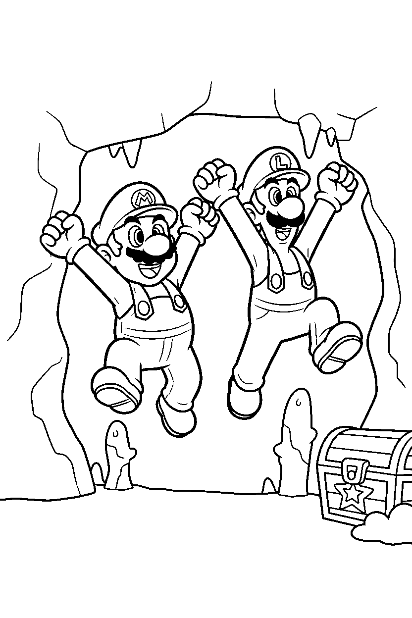 mario luigi jumping with joy in a hidden cave line art