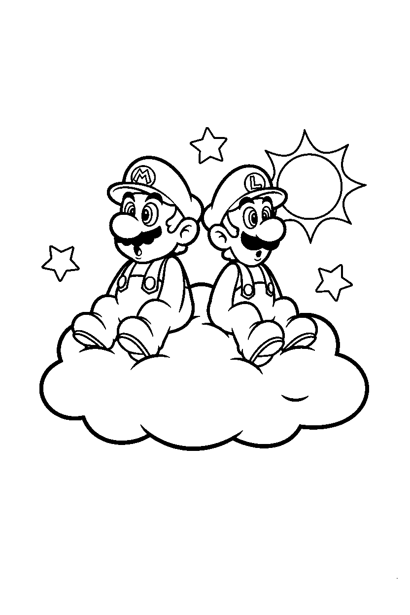mario luigi looking around on cloud line art