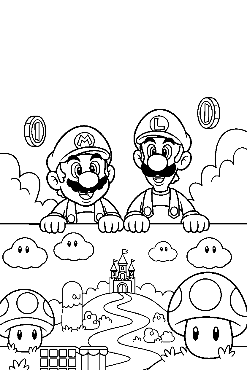 mario luigi observing in game world line art