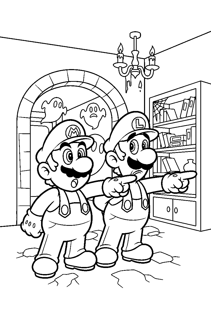 mario luigi pointing in ghost house line art