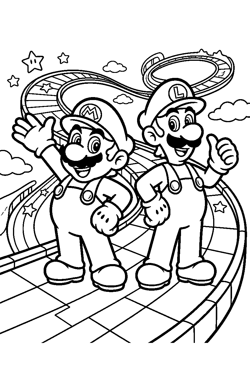 mario luigi posing in rainbow road line art