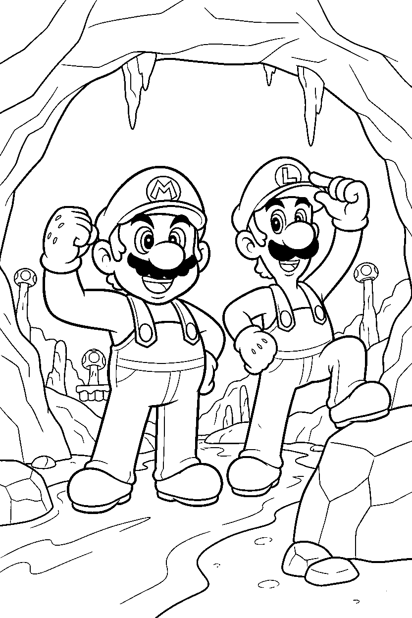 mario luigi posing proudly in a cave level line art