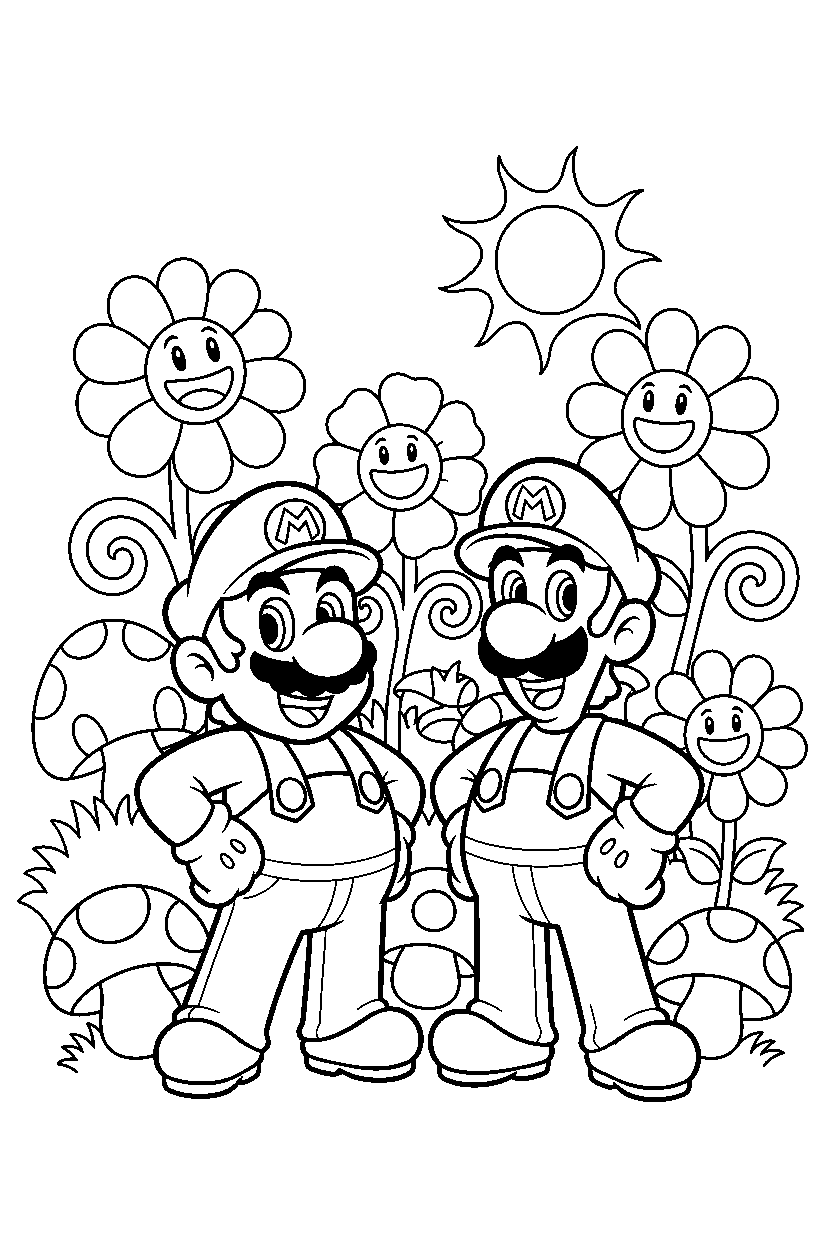 mario luigi posing proudly in a flower field line art
